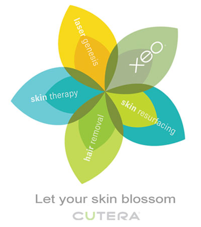 Cutera Xeo logo showing laser genesis, Xeo, Skin Therapy skin resurfacing and laser hair removal